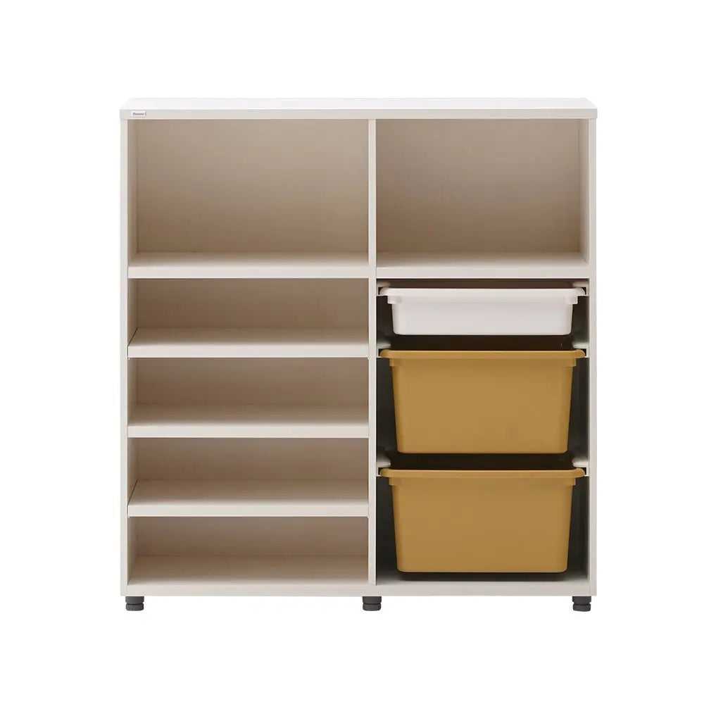 Iloom Eddi Kids Bookshelf With Toy Storage in white, open left shelves and right stacked white and mustard bins for toy organization.