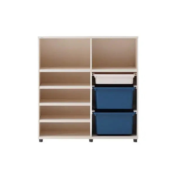 ILOOM Eddi Kids Bookshelf With Toy Storage, white unit with left open shelves and right blue fabric bins.