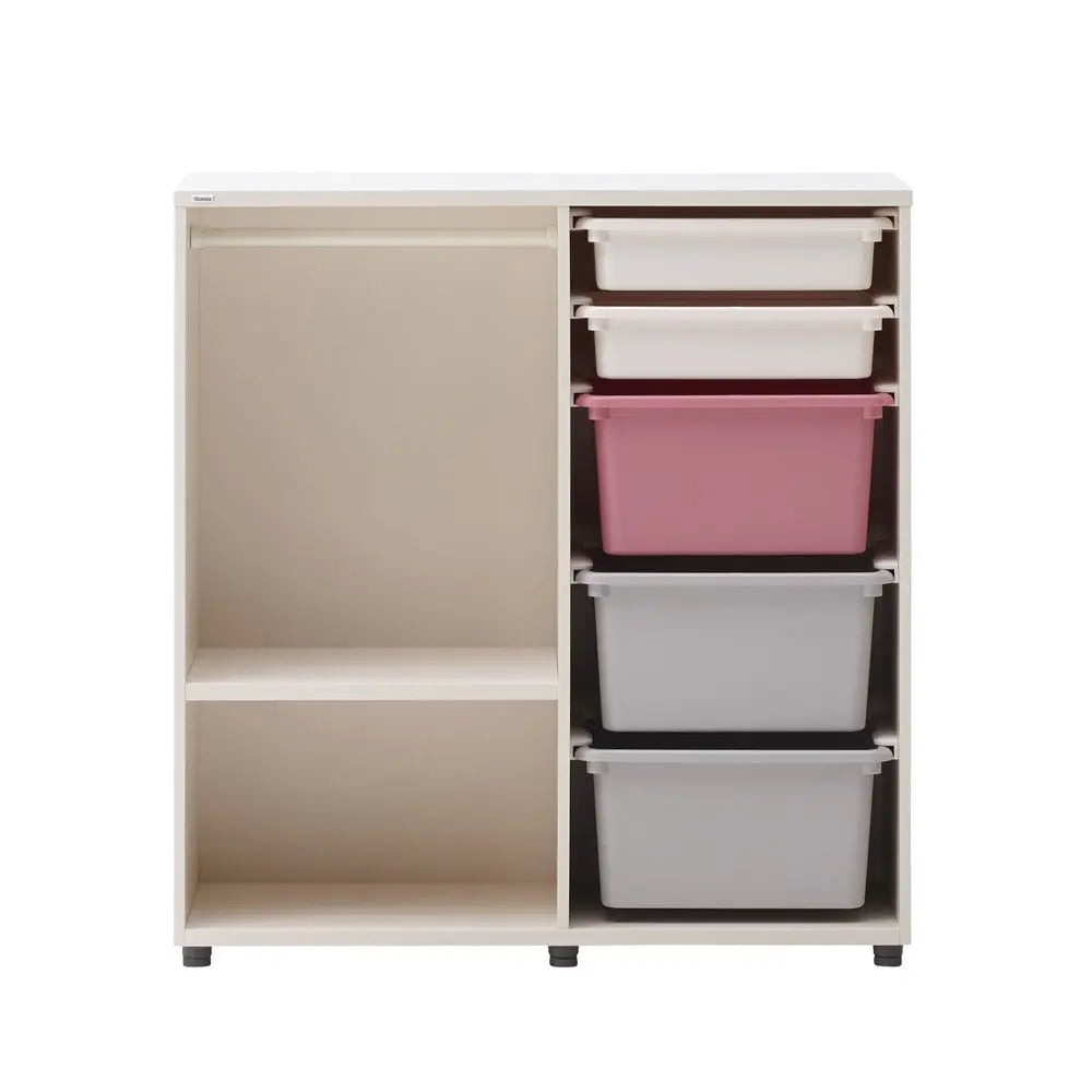 Iloom Eddi Kids Daily Wardrobe with left open shelves and right five-bin storage, showing white, pink, and gray bins.