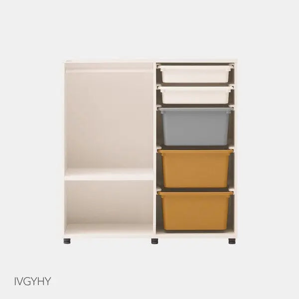 Iloom Eddi Kids Daily Wardrobe, white frame with open left cubby and stacked gray and mustard storage bins.