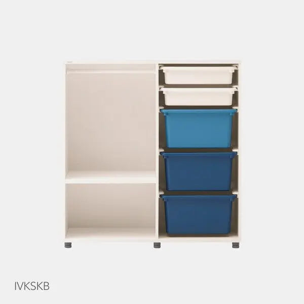 ILoom Eddi Kids Daily Wardrobe in white with open left shelves and four blue storage bins on the right.