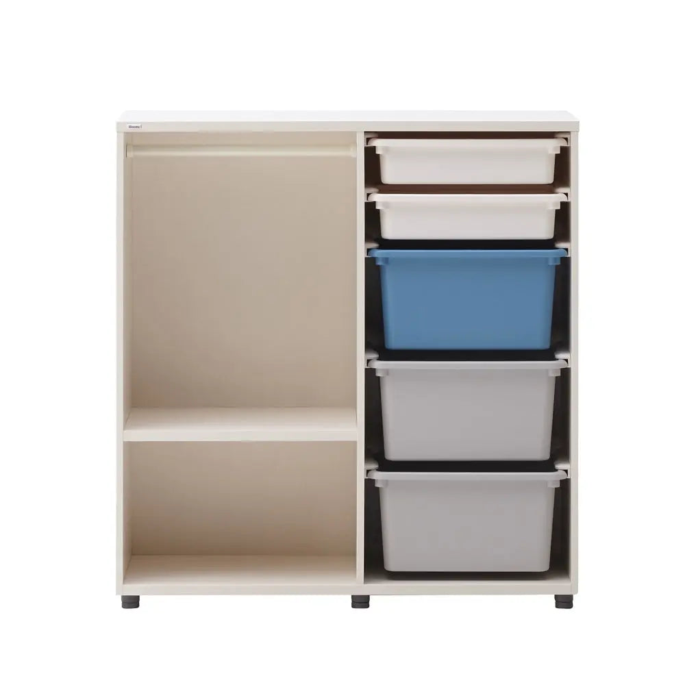 Iloom Eddi Kids Daily Wardrobe white frame with left open shelf and four pull-out bins in white, white, blue, gray.