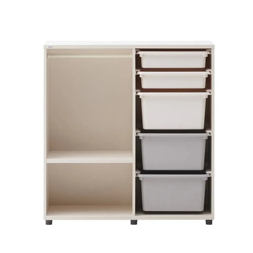 ILOOM Eddi Kids Daily Wardrobe with left open shelves and five stacked pull-out bins on the right.