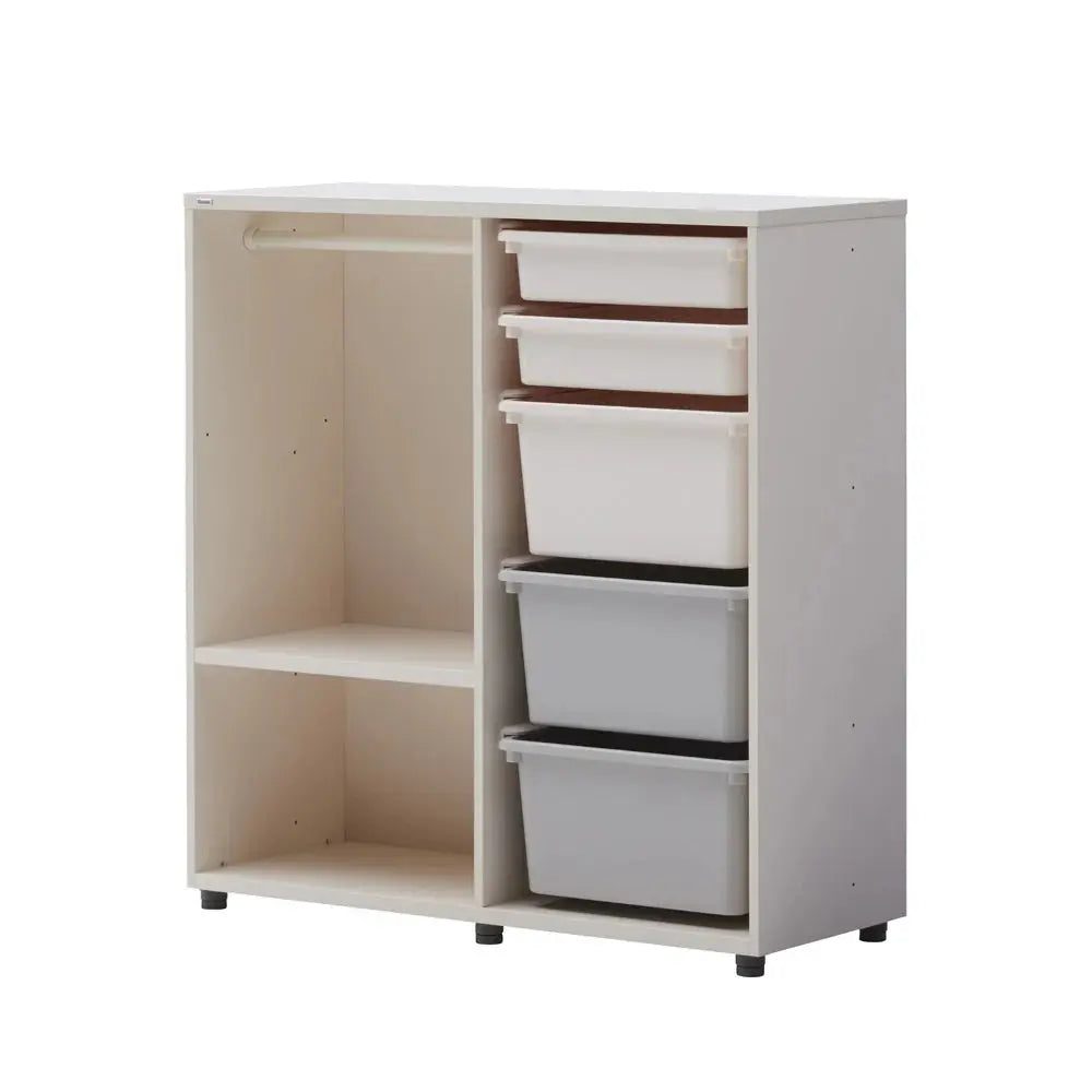 Iloom Eddi Kids Daily Wardrobe with hanging rail on left and five white storage drawers.