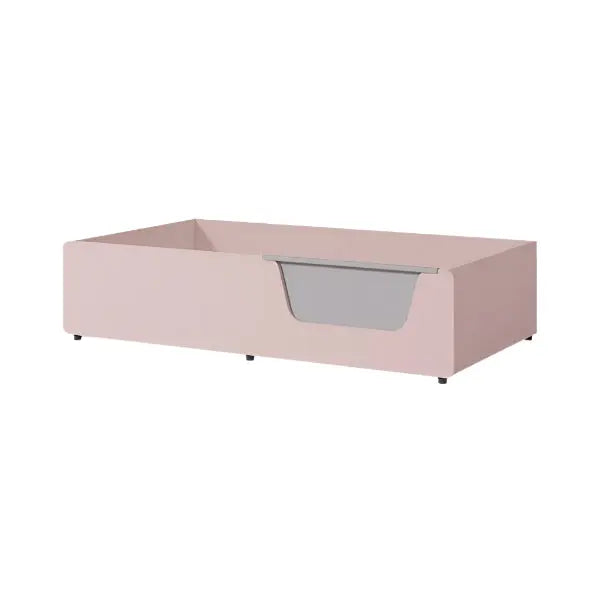Iloom Eddi Kids Low Bed 1100W in pink, featuring a front grey storage drawer.