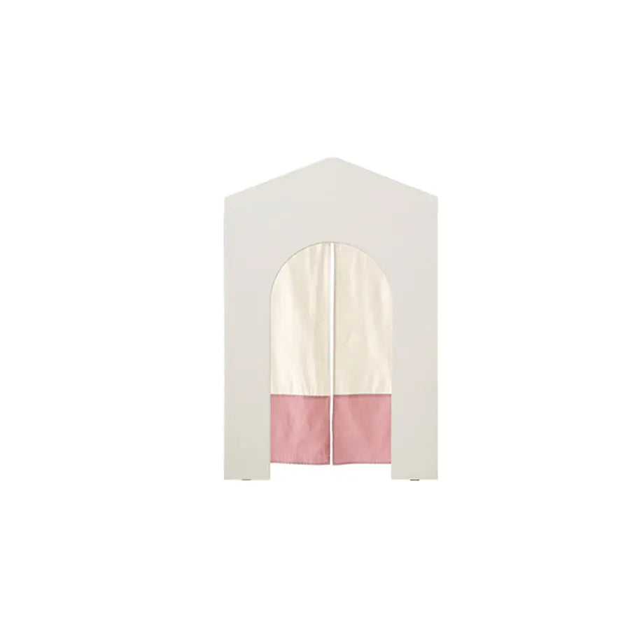 Iloom Eddi Kids Reading House corner play tent with white frame and pink curtain panels, forming a cozy reading nook.