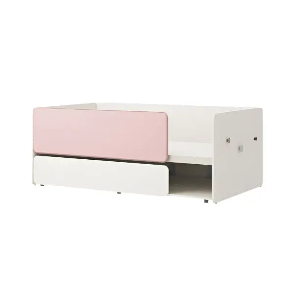 Iloom Eddi Kids Sliding Bed, white frame with pink front panel, sliding drawer reveals under-bed storage.
