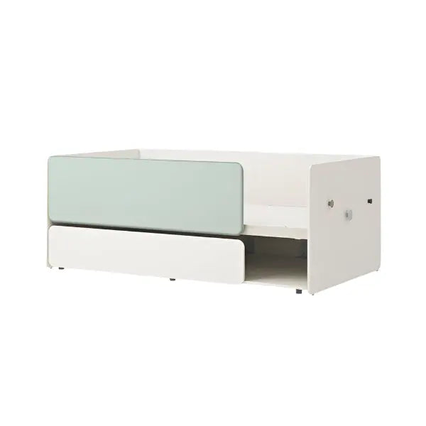 Iloom Eddi Kids Sliding Bed in white with mint front panel, drawer pulled out to reveal storage.