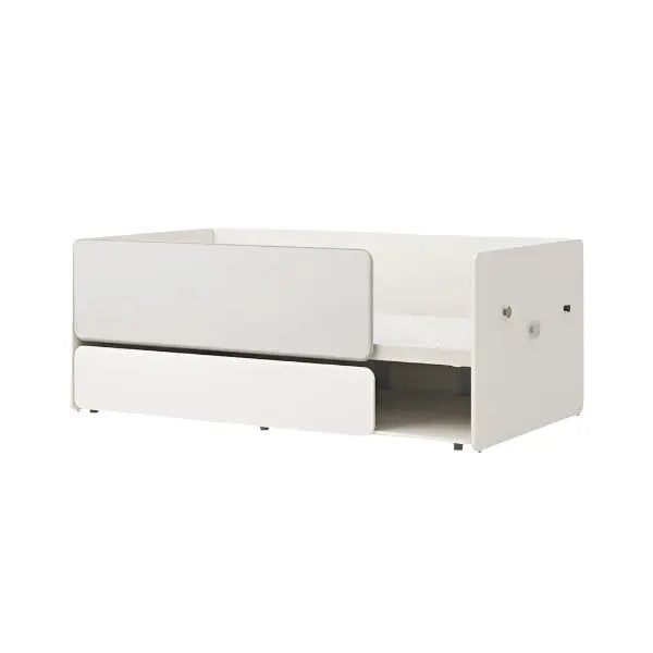 Iloom Eddi Kids Sliding Bed in white with a pulled-out under-bed drawer for storage.