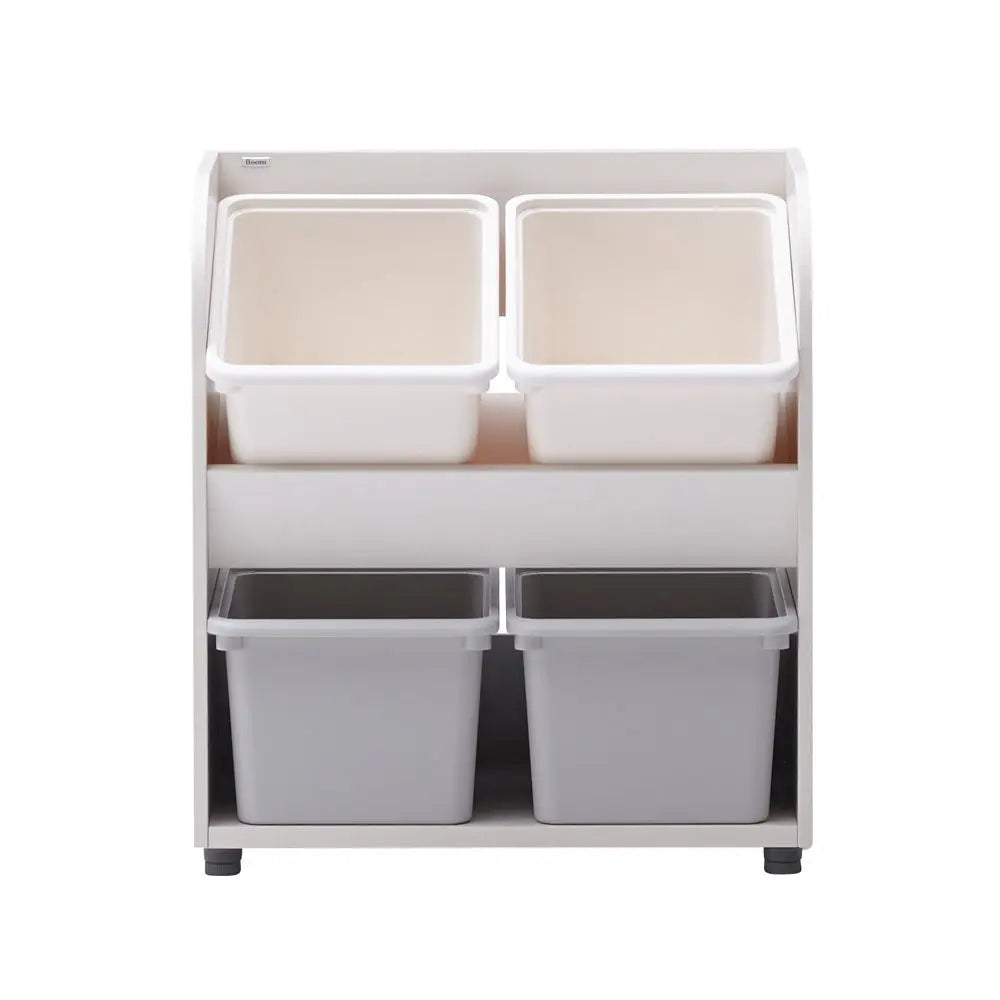 ILOOM Eddi Kids Toy Storage unit in white frame with beige top bins and gray bottom bins, neatly organized.