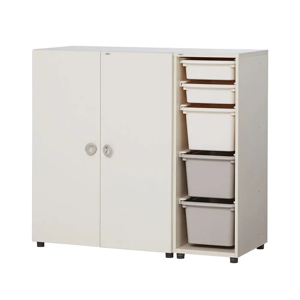 Iloom Eddi Kids Wardrobe with white doors and five pull-out bins in a tidy storage cabinet.