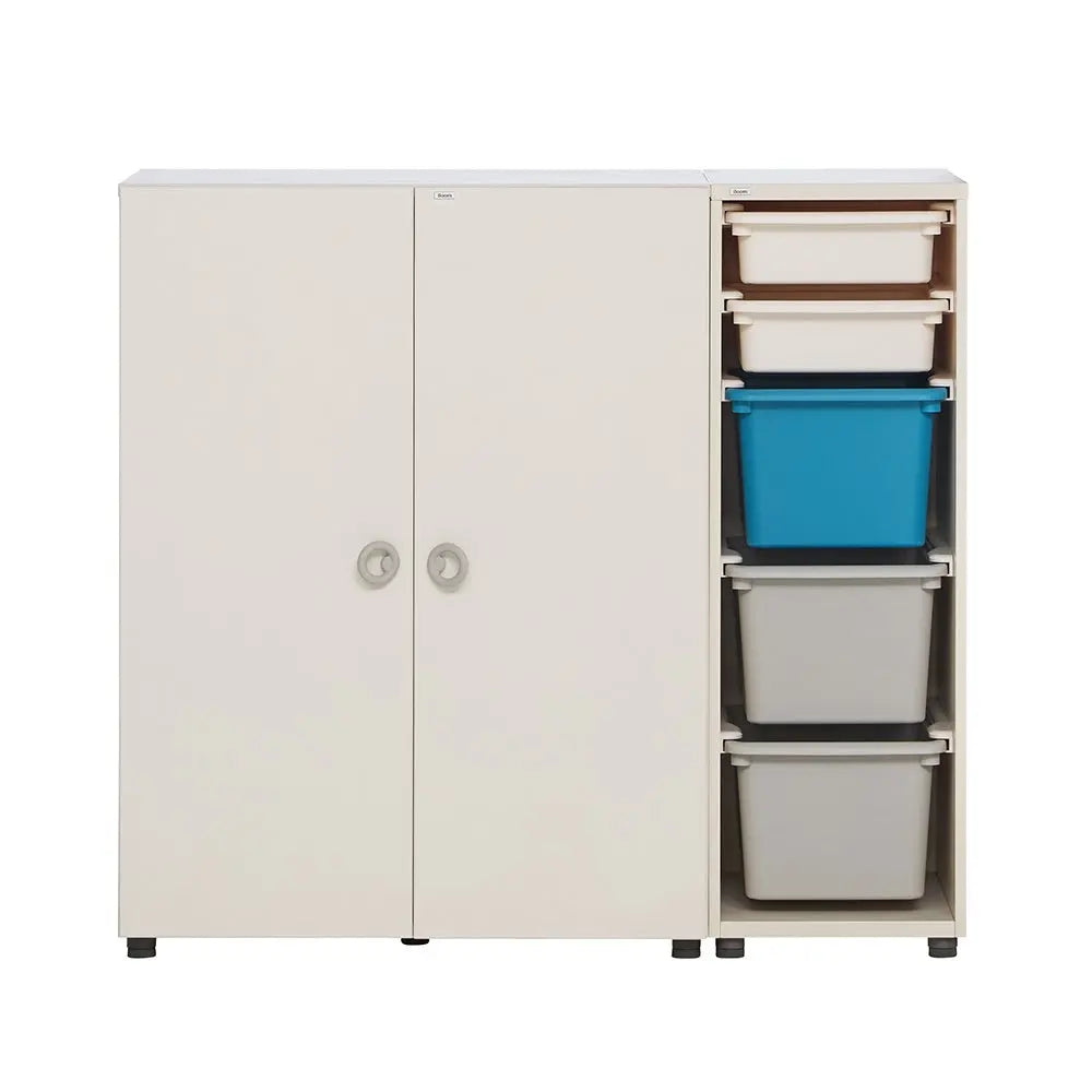 ILOOM Eddi Kids Wardrobe in white with four plastic bins neatly stacked on a right-side pull-out shelf.