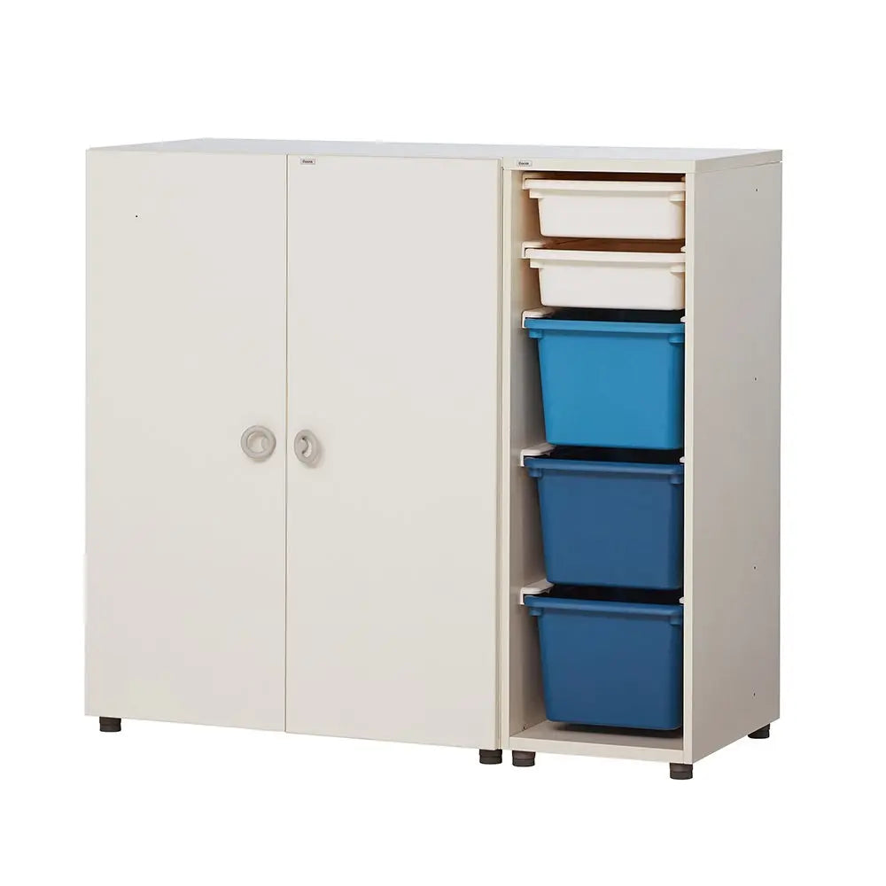 ILOOM Eddi Kids Wardrobe Storage Type 1150W, white cabinet with two doors and open shelf with blue bins.