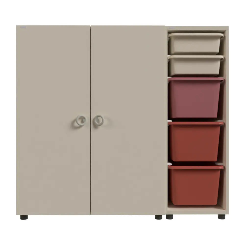 ILOOM Eddi Kids Wardrobe storage unit in beige, with a side open storage column showing five colored baskets neatly stacked.