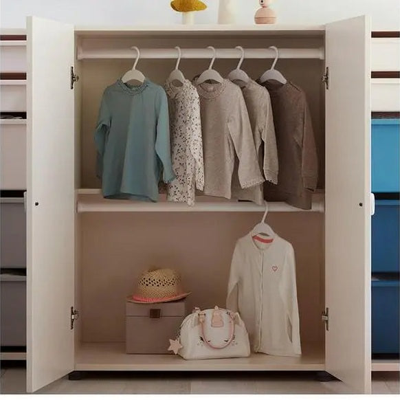 Iloom Eddi Kids Wardrobe 1150W opened to show pastel tops on the rod and a lower shelf with hat and bag.