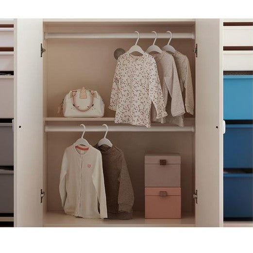 ILOOM Eddie Kids 800W Wardrobe with white finish, pastel clothes on hangers, pink and grey storage boxes