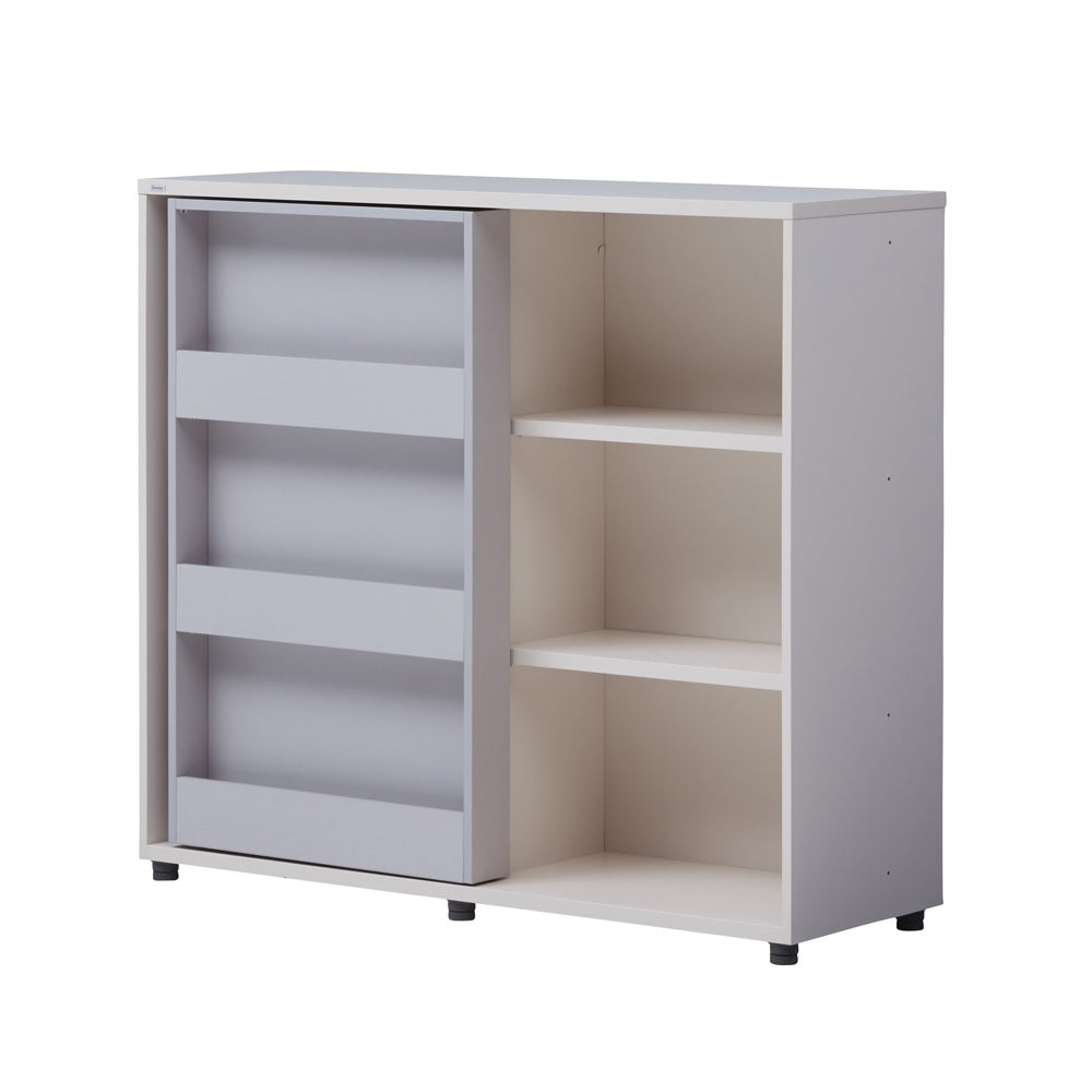 Iloom Eddie Kids Sliding Bookshelf in light gray with a sliding panel and open cubby shelves