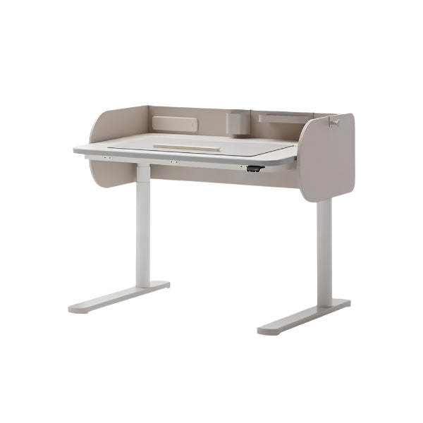 Iloom Jerome Motion Desk, beige panels and white legs, height-adjustable workspace ready for study.