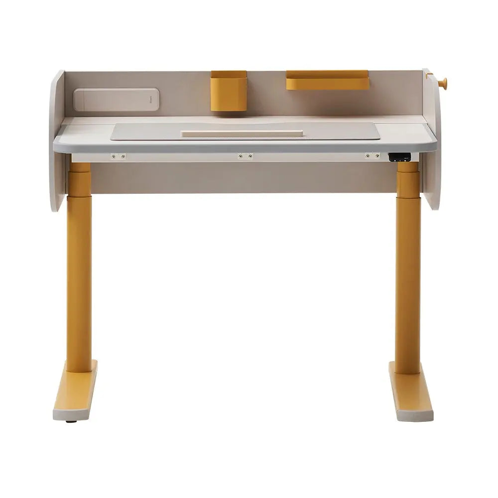 ILOOM Jerome Motion Desk with mustard-yellow legs and white-gray surface, showing height-adjustable frame for ergonomic work.