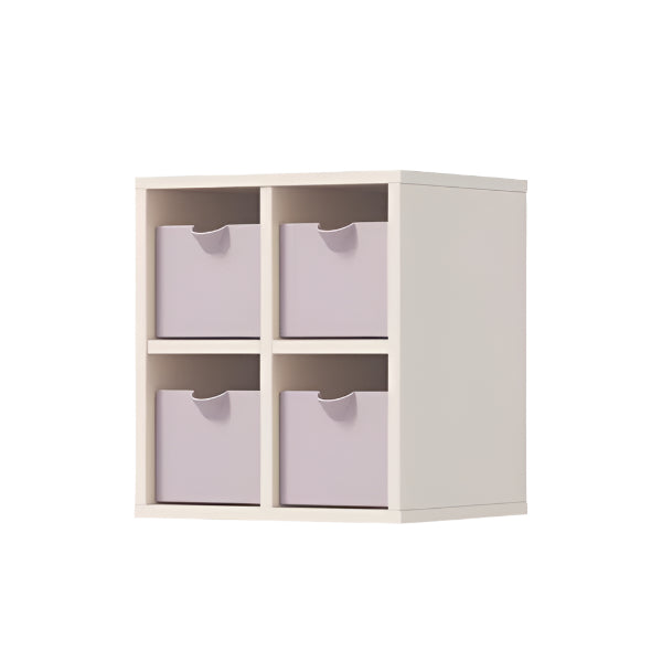 ILoom Linki Plus Mini Drawer four-drawer unit in a white cube cabinet with lavender fabric drawers.