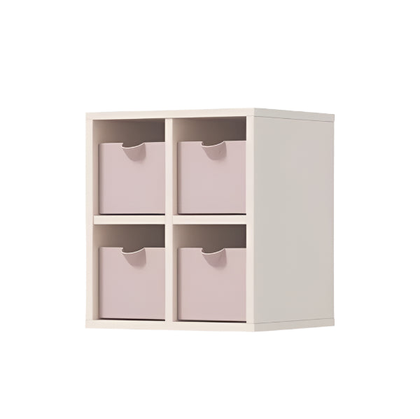 Iloom Linki Plus Mini Drawer, white cubby with four pink fabric bins neatly arranged.