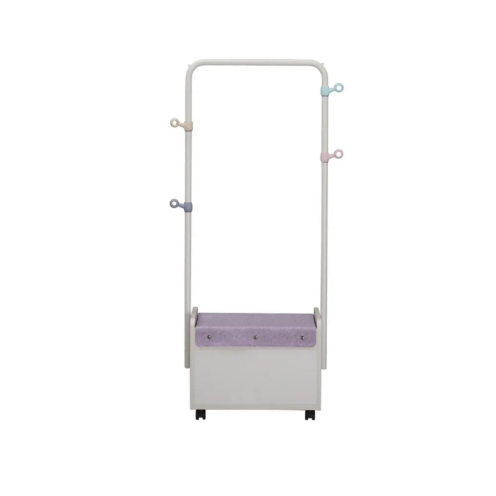 Iloom Linki Plus Moving Hanger in white with pastel accents; wheeled base and clamp hooks grip rails to hang baby clothing.
