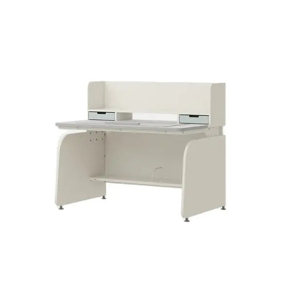 Iloom Linki Plus Smart Desk+ 1200W white desk with desk pad and dual drawers, featuring built-in shelf.