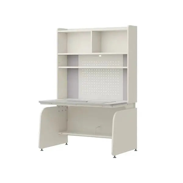 Iloom Linki Plus Smart Desk+ 1200W 4-Story Bookshelf in white with desk pad, organized shelves and pegboard.