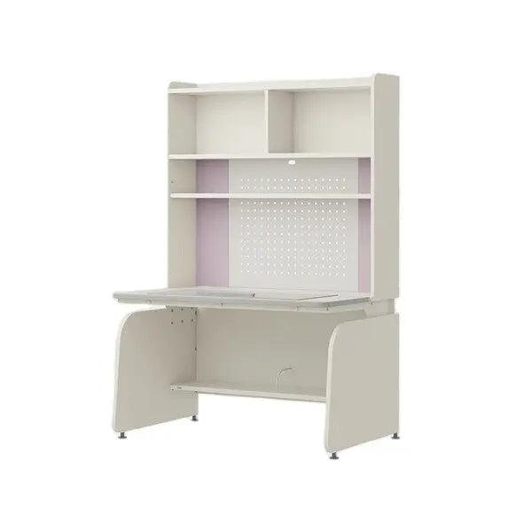 Iloom Linki Plus Smart Desk+ 1200W; white desk with lavender backing, 4-story bookshelf, and fold-out desk pad.