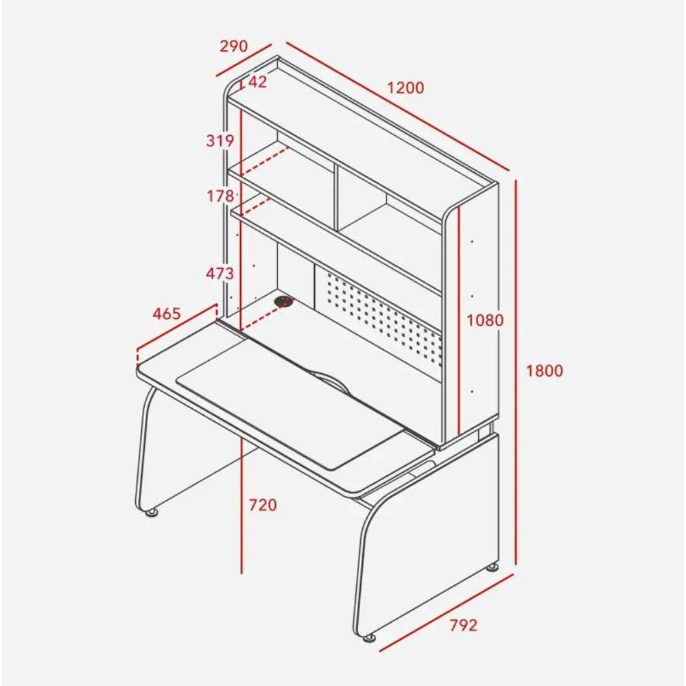 Iloom Linki Plus Smart Desk 1200W with 4-tier bookshelf and desk pad, highlighting integrated storage.