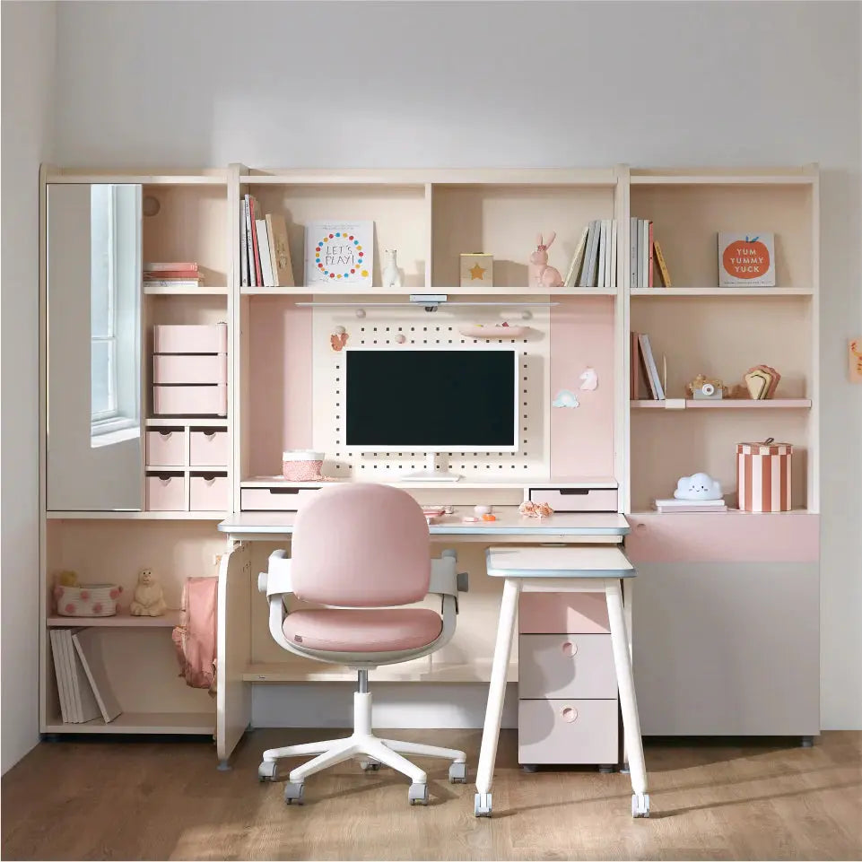 Iloom Linki Plus Smart Desk 1200W with pink pastel shelving and matching chair in a kids’ study setup.