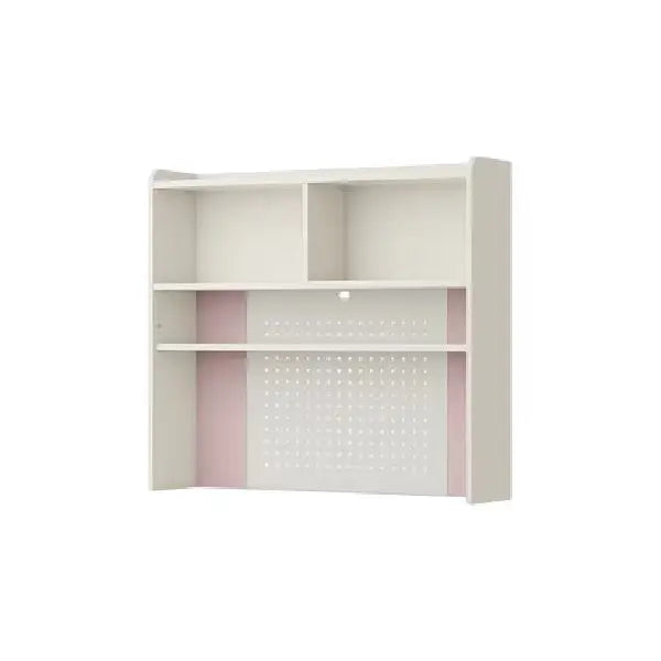 Iloom Linki Plus Smart Desk+ 4-story white bookshelf with pink backing and pegboard panel, mounted to wall.