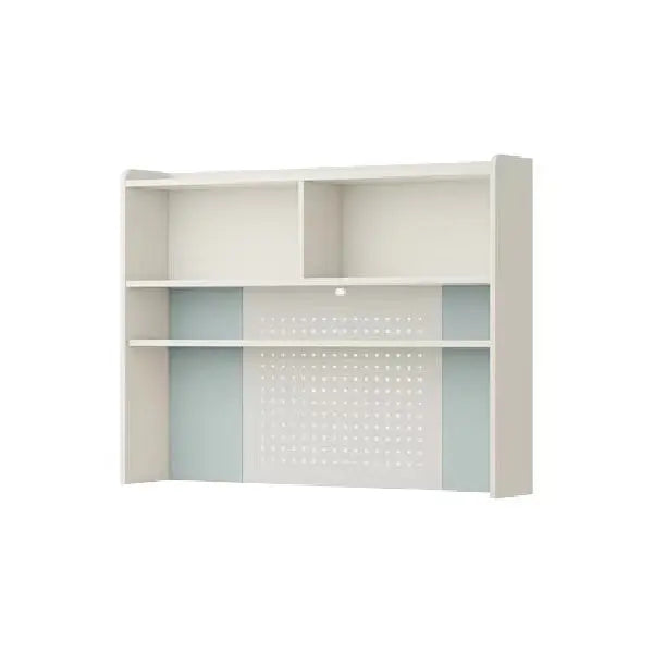 ILoom Linki Plus Smart Desk four-story bookshelf in white with light-blue panels, showing open top shelves and perforated central panel.