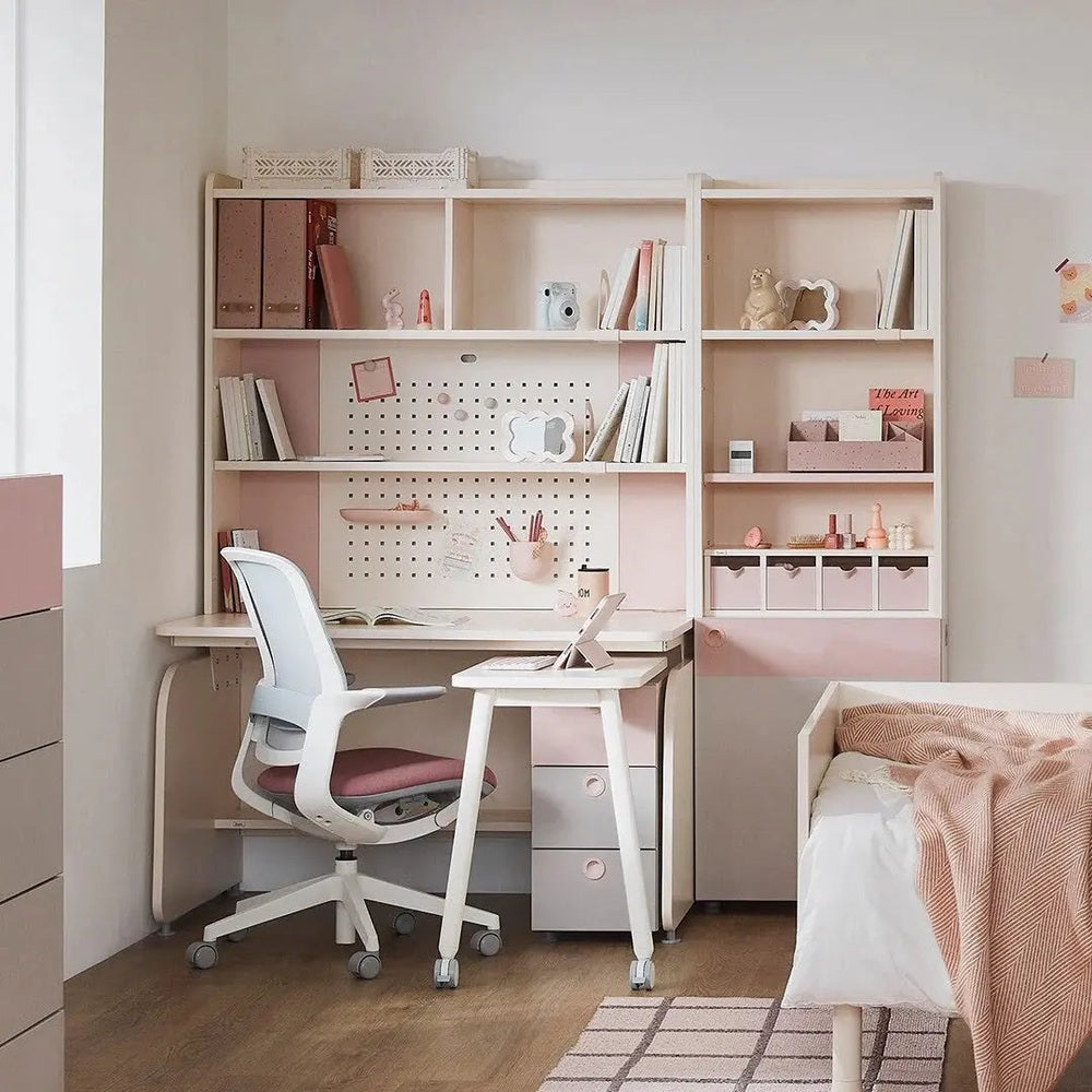 ILoom Linki Plus Smart Desk+ 1200W with white desk and pink 4-story shelving, laptop open.