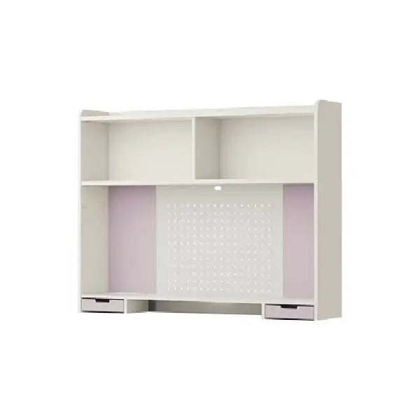 Iloom Linki Plus Smart Desk+ 1400W 4-story stacking shelf unit in white with lilac panels, open shelves and two drawers.