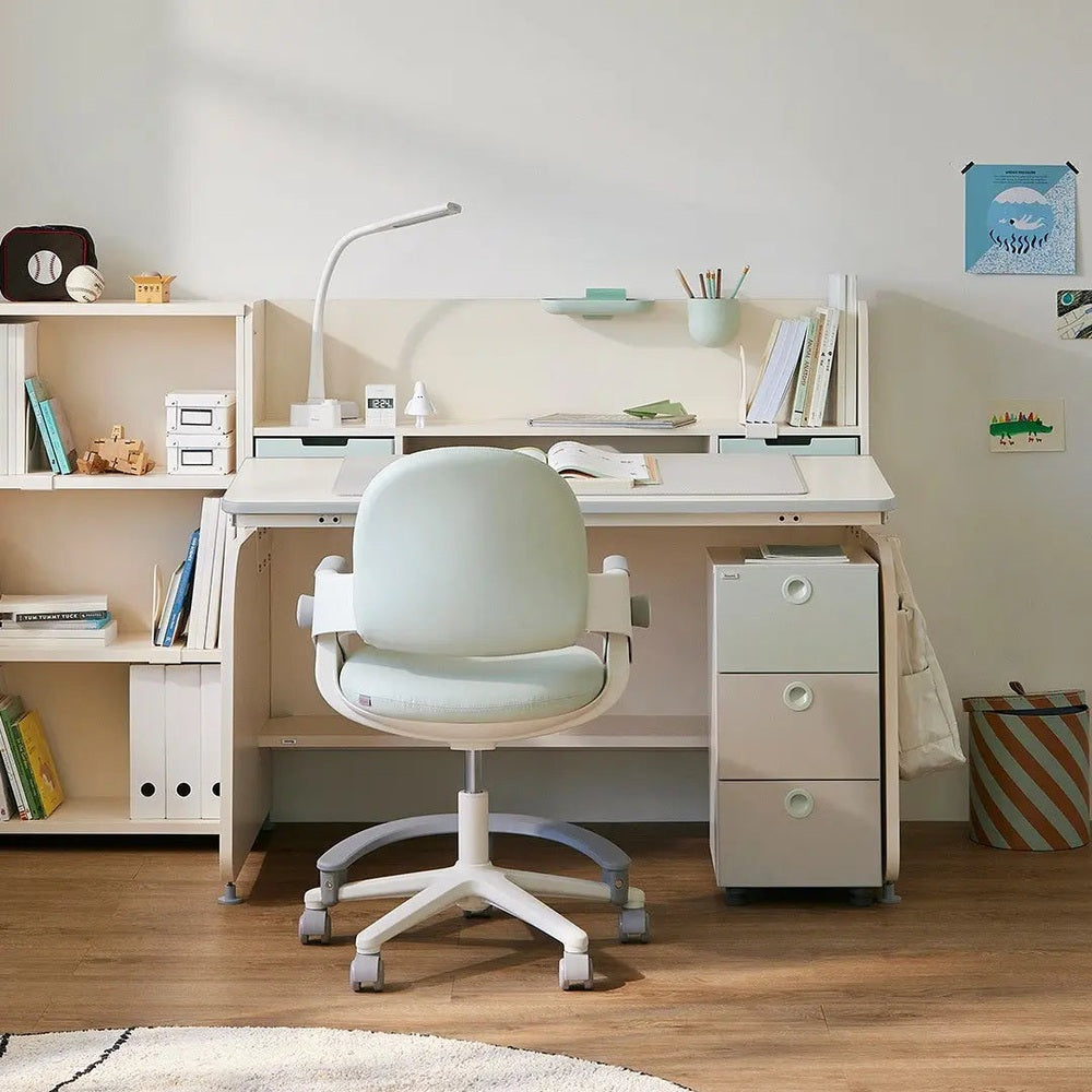 Iloom Linki Plus Smart Desk+ 3 Story Desk Drawer white with mint chair; three-drawer pedestal keeps supplies organized.