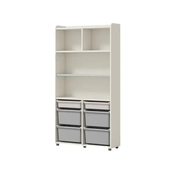 Iloom Linki Plus Smart Desk+ 6 Story Pl Box Storage Shelf in white with six gray bins neatly organized in lower compartments.