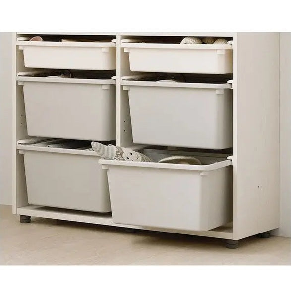 Iloom Linki Plus Smart Desk+ 6-Story Box Storage Shelf, white frame with six gray bins neatly organized and ready for access