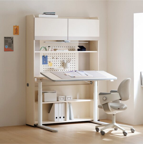 Iloom Linki Plus white desk with upper door cabinet, pegboard, and matching office chair