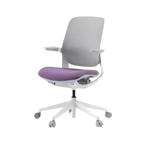 Iloom Oliver Chair with gray mesh back and purple seat, white swivel base on casters, swiveling.