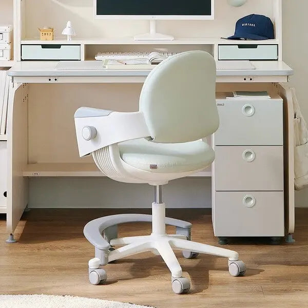 Iloom Ringo I Chair in white with mint cushion, on caster wheels, showing fixed center bar and footrest.