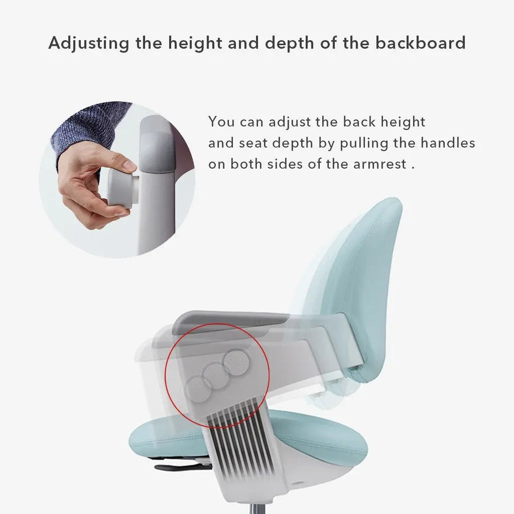 Iloom Ringo I Chair, light blue upholstery; user adjusts back height with side levers while footrest is visible