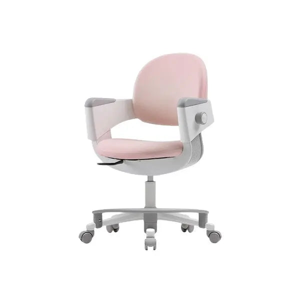 Iloom Ringo I Chair in pink upholstery with fixed center, fixed caster base, and built-in footrest on a wheeled pedestal