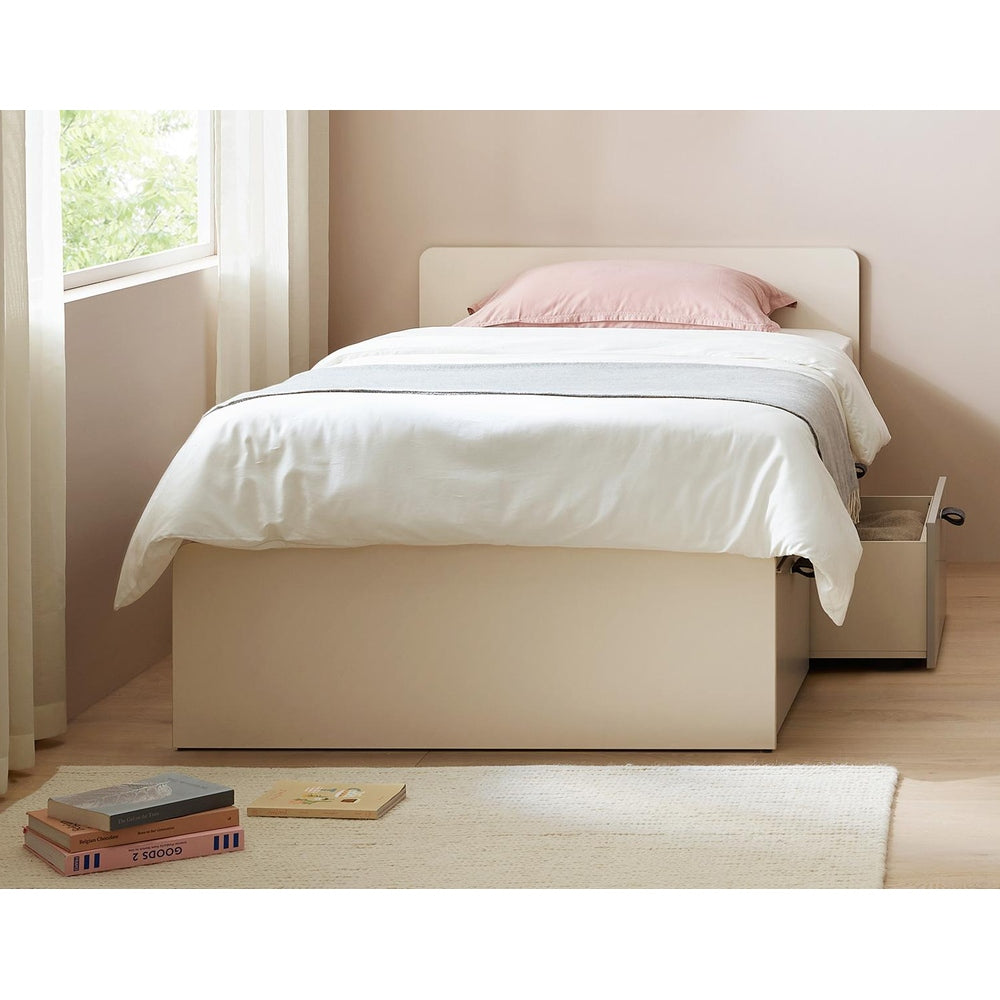 ILOOM Tiede Bed with storage in cream finish and white bedding