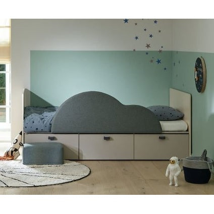 Iloom Tiede Bed with storage drawers, gray curved headboard and beige base for a toddler room.