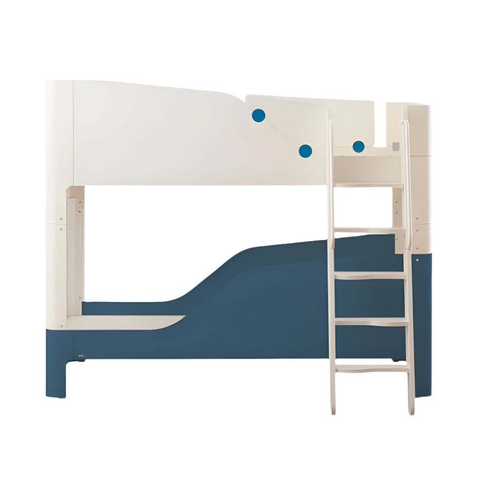 Ilo om Tinkle Pop 2-Story Bed (Ladder Type): white with blue lower panel; right-side ladder enables easy top bunk climb.