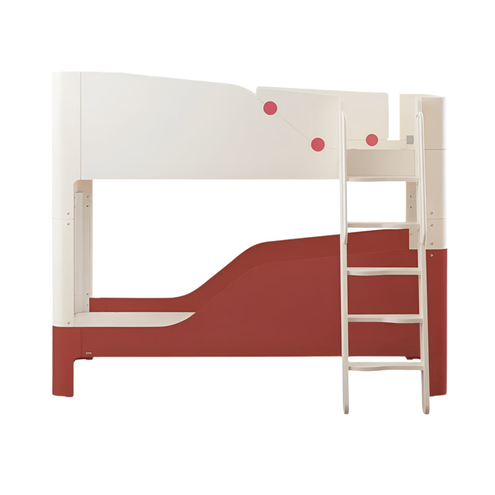 Iloom Tinkle Pop 2-Story Bed ladder type, white frame with red lower panel; built-in ladder shown for climbing to the top bunk.