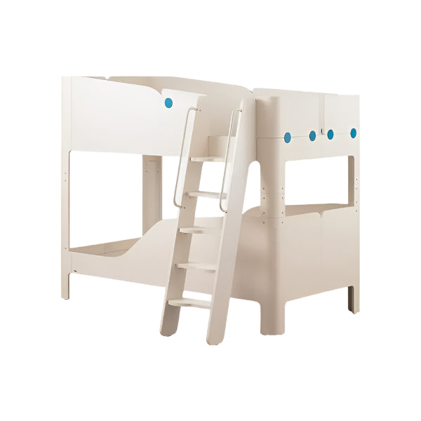 ILOOM Tinkle Pop 2 Story Bed in white with blue knobs, ladder beside a loft and open lower area.