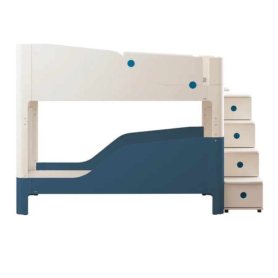 ILOOM Tinkle Pop 2-Story Bed with stairs and built-in drawers; white frame with blue base and stacked storage.