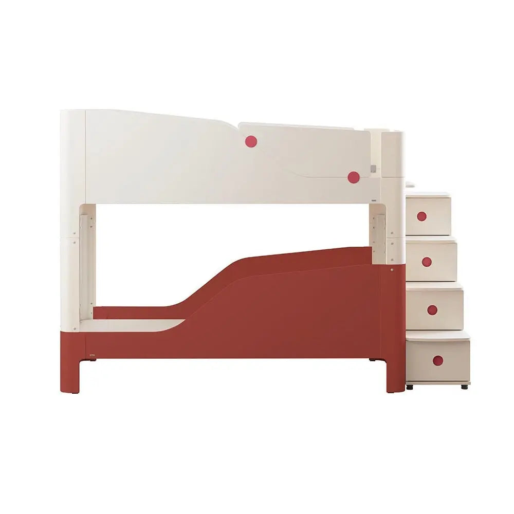 Iloom Tinkle Pop 2 Story Bed with integrated red staircase drawers, white frame and red accents